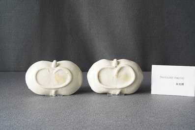 Une paire de compte-gouttes en forme de crabe en porcelaine blanc de Chine de Dehua, Kangxi