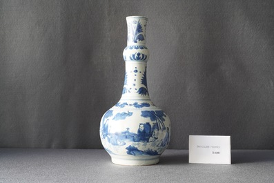 A Chinese blue and white bottle vase with figures in a landscape, Transitional period