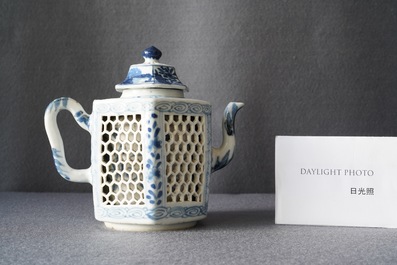 A Chinese blue and white reticulated double-walled teapot and cover, Kangxi