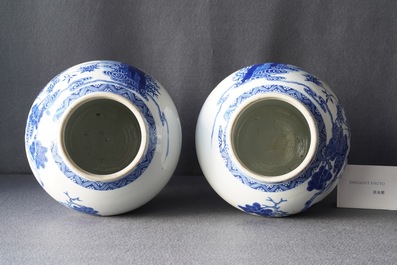 A pair of Chinese blue and white vases and covers with figures in a landscape, 19th C.