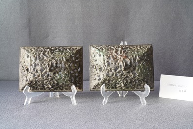 A pair of Chinese Ming-style bronze censers with reticulated covers, 19th C.