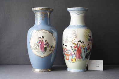 Twee fijne Chinese famille rose vazen, Qianlong merken, Republiek
