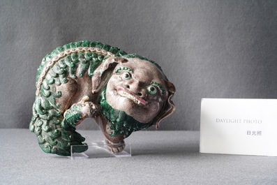 Un groupe en porcelaine de Chine figurant un lion bouddhiste et son lionceau sur socle en bois, 19&egrave;me