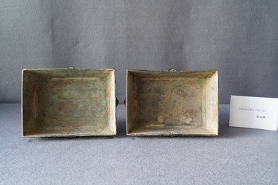 A pair of Chinese Ming-style bronze censers with reticulated covers, 19th C.