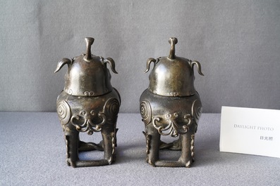 A pair of Chinese gilt-lacquered bronze Chinese 'luduan' censers, Ming