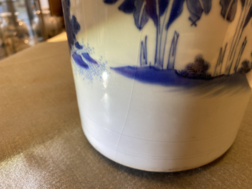 A Chinese blue and white rouleau vase with figures in a landscape, Transitional period