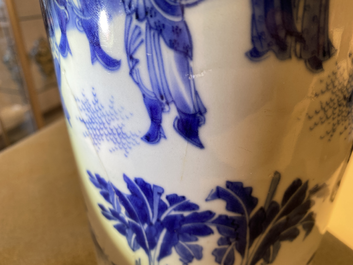 A Chinese blue and white rouleau vase with figures in a landscape, Transitional period