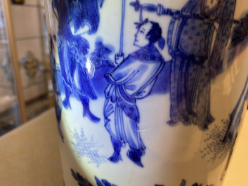 A Chinese blue and white rouleau vase with figures in a landscape, Transitional period