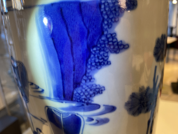 A Chinese blue and white rouleau vase with figures in a landscape, Transitional period