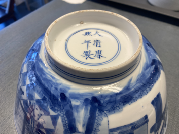 Een Chinese blauw-witte 'Xi Xiang Ji' kom, Kangxi merk en periode