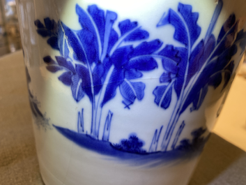 A Chinese blue and white rouleau vase with figures in a landscape, Transitional period