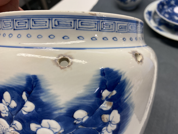 A Chinese blue, white and copper red 'prunus flowers' bowl, Kangxi