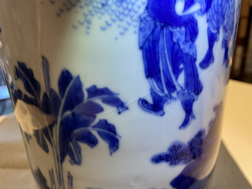 A Chinese blue and white rouleau vase with figures in a landscape, Transitional period