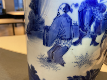 A Chinese blue and white rouleau vase with figures in a landscape, Transitional period