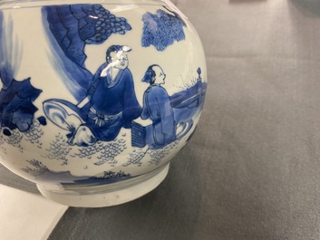 A Chinese blue and white bottle vase with figures in a landscape, Transitional period