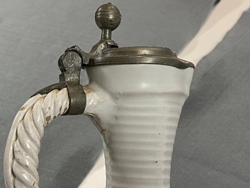 A pewter-mounted white Dutch Delftware jug, 17th C.