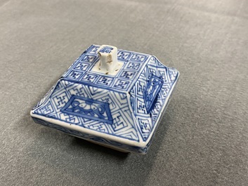 A pair of Chinese blue and white square vases and covers, Kangxi