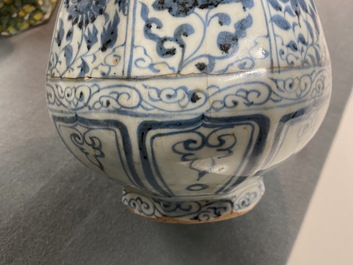 A Chinese blue and white octagonal bottle vase with floral design, Hongwu