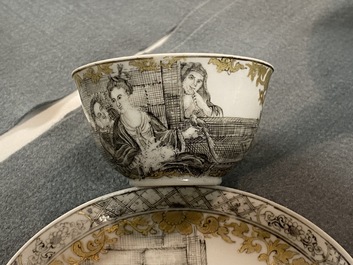 A Chinese grisaille and gilt 'European subject' cup and saucer, Qianlong