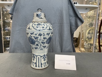 A Chinese blue and white 'meiping' vase and cover, Ming