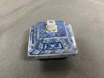 A pair of Chinese blue and white square vases and covers, Kangxi