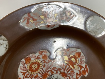 Six Chinese iron red and grisaille capucin brown-ground plates, Qianlong