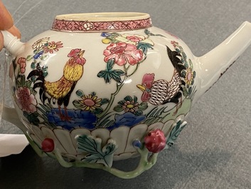A Chinese famille rose teapot and cover with roosters, Yongzheng