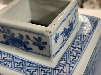 A pair of Chinese blue and white square vases and covers, Kangxi