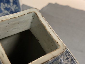 A pair of Chinese blue and white square vases and covers, Kangxi