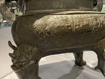 A large Chinese bronze censer and cover, Ming