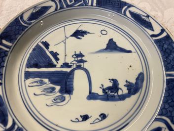 Three Chinese blue, white, copper red and wucai ko-sometsuke plates for the Japanese market, Tianqi/Chongzhen