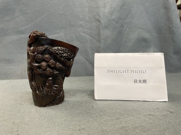 A Chinese carved horn libation cup, Jiaqing