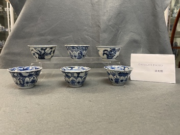 A Chinese blue and white tea caddy, six cups, two saucers and two plates, Kangxi/Yongzheng