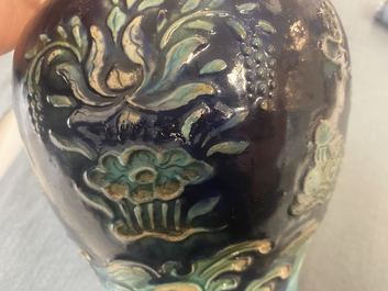 A Chinese fahua vase with mandarin ducks in a lotus pond, Ming