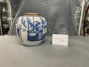 Un pot en porcelaine de Chine en bleu et blanc &agrave; d&eacute;cor figuratif, 19&egrave;me