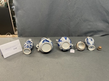 Two Chinese blue and white ewers and covers and two small vases, Kangxi