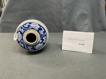 Een Chinese blauw-witte theebus, zes koppen, twee schotels en twee borden, Kangxi/Yongzheng