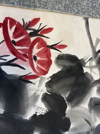 Qi Baishi (1864 - 1957), inkt en kleur op papier, als scroll gemonteerd: 'Klimmende winde'