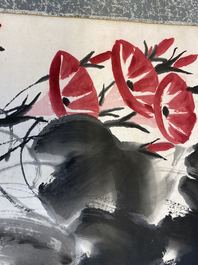 Qi Baishi (1864 - 1957), ink and colour on paper, mounted as a scroll: 'Morning glories'