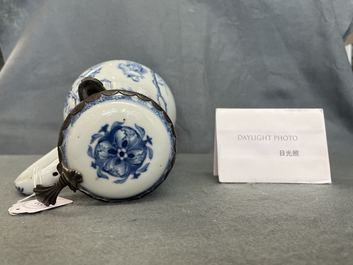 A Chinese blue and white silver-mounted ewer and cover, Yongzheng