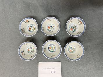 Six lobed Chinese famille verte caf&eacute;-au-lait-ground cups and saucers, Kangxi