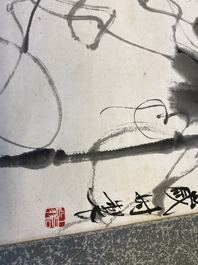 Qi Baishi (1864 - 1957), inkt en kleur op papier, als scroll gemonteerd: 'Klimmende winde'