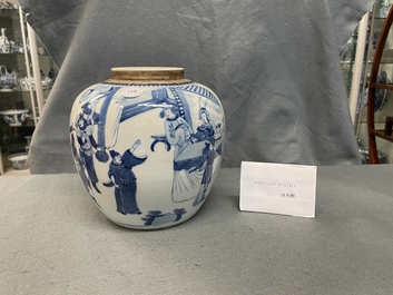 Un pot en porcelaine de Chine en bleu et blanc &agrave; d&eacute;cor figuratif, 19&egrave;me