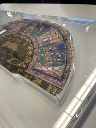 Two Chinese Cantonese painted paper and lacquer fans in plexi mounts, 19th C.