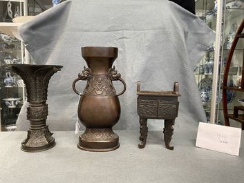 Two Chinese archaic bronze vases and a censer, 18/19th C.