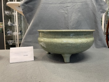 A Chinese Longquan celadon censer with wooden cover and soapstone Buddha finial, Ming