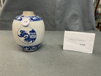 A Chinese blue and white tea caddy, six cups, two saucers and two plates, Kangxi/Yongzheng