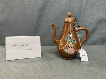 A Chinese famille rose capucin brown-ground ewer and cover, Yongzheng