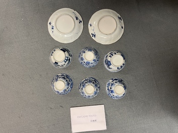 A Chinese blue and white tea caddy, six cups, two saucers and two plates, Kangxi/Yongzheng