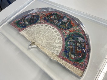 Two Chinese Cantonese painted paper and lacquer fans in plexi mounts, 19th C.